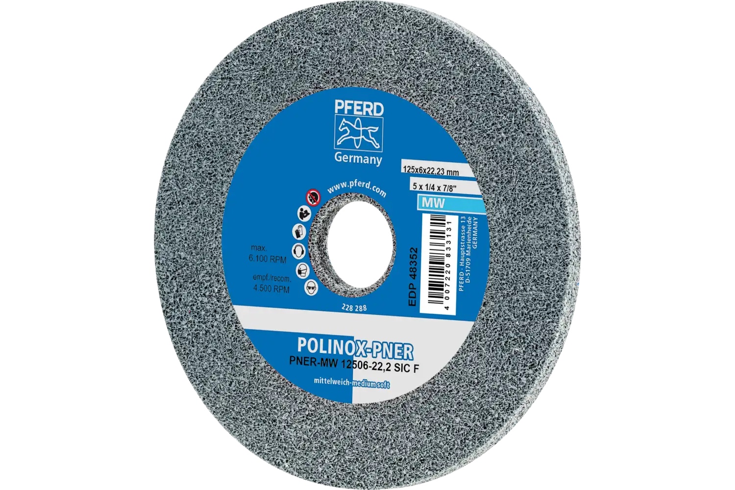 Picture of Pferd Polinox® Unitized Wheel, 5" X 1/4 X 7/8, Fine, Soft, 3Sf, Silicon Carbide